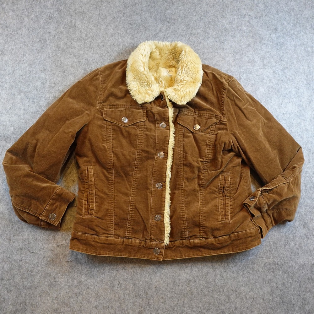 VTG J Jill Jacket Women Medium Brown Corduroy Sherpa Lined Faux Fur Trim Trucker